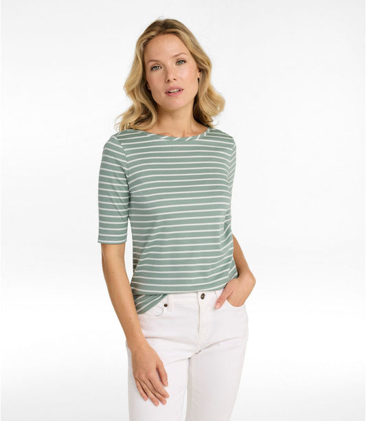 Women's Pima Cotton Tee, Elbow-Sleeve Boatneck Stripe - US 7439