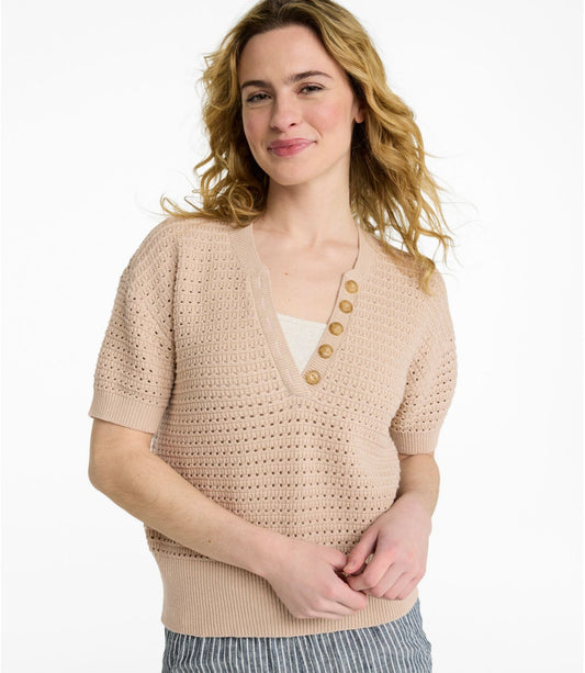 Women's Sunwashed Openwork Sweater, Short-Sleeve Henley - US 1689