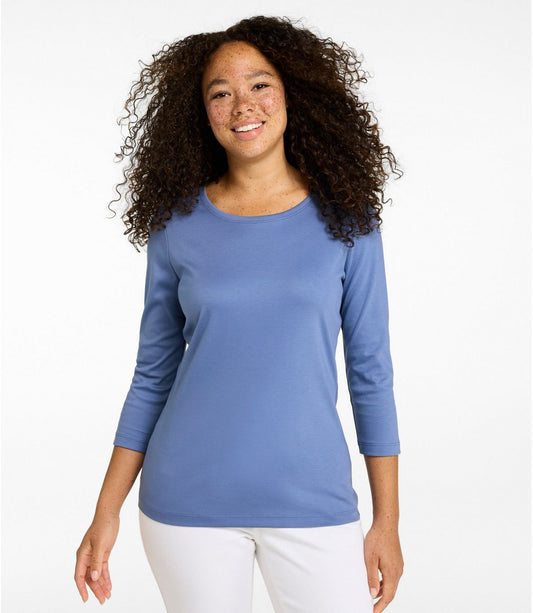 Women's Pima Cotton Shaped Tee, Three-Quarter-Sleeve Jewelneck - US 2054