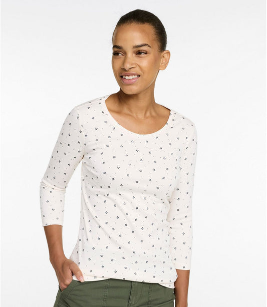 Women's Pima Cotton Shaped Jewelneck Tee, Three-Quarter-Sleeve Print - US 7930