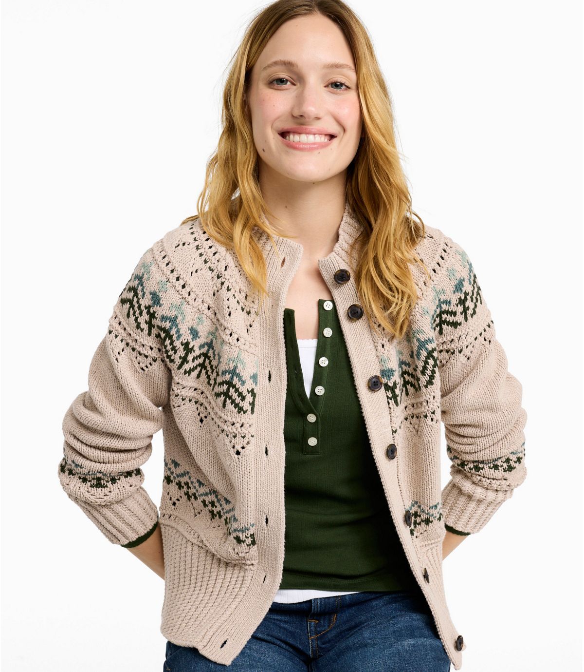 Women's Signature Cotton Fisherman Sweater, Short Cardigan Fair Isle - US 4552
