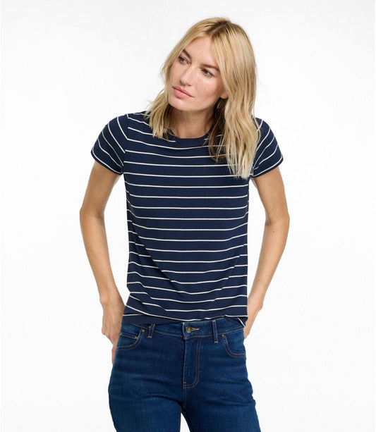 Women's Soft Stretch Supima-Blend Tee, Crewneck Short-Sleeve Striped - US 3370