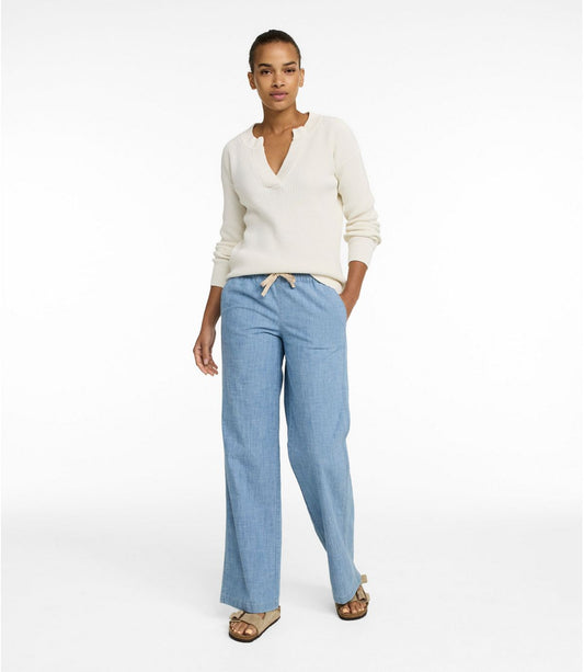 Women's Lakewashed Pull-On Chinos, Mid-Rise Wide-Leg Chambray - US 9201