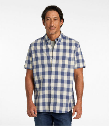 Men's Comfort Stretch® Chambray Shirt, Slightly Fitted Untucked Fit, Short-Sleeve, Plaid - US 5469