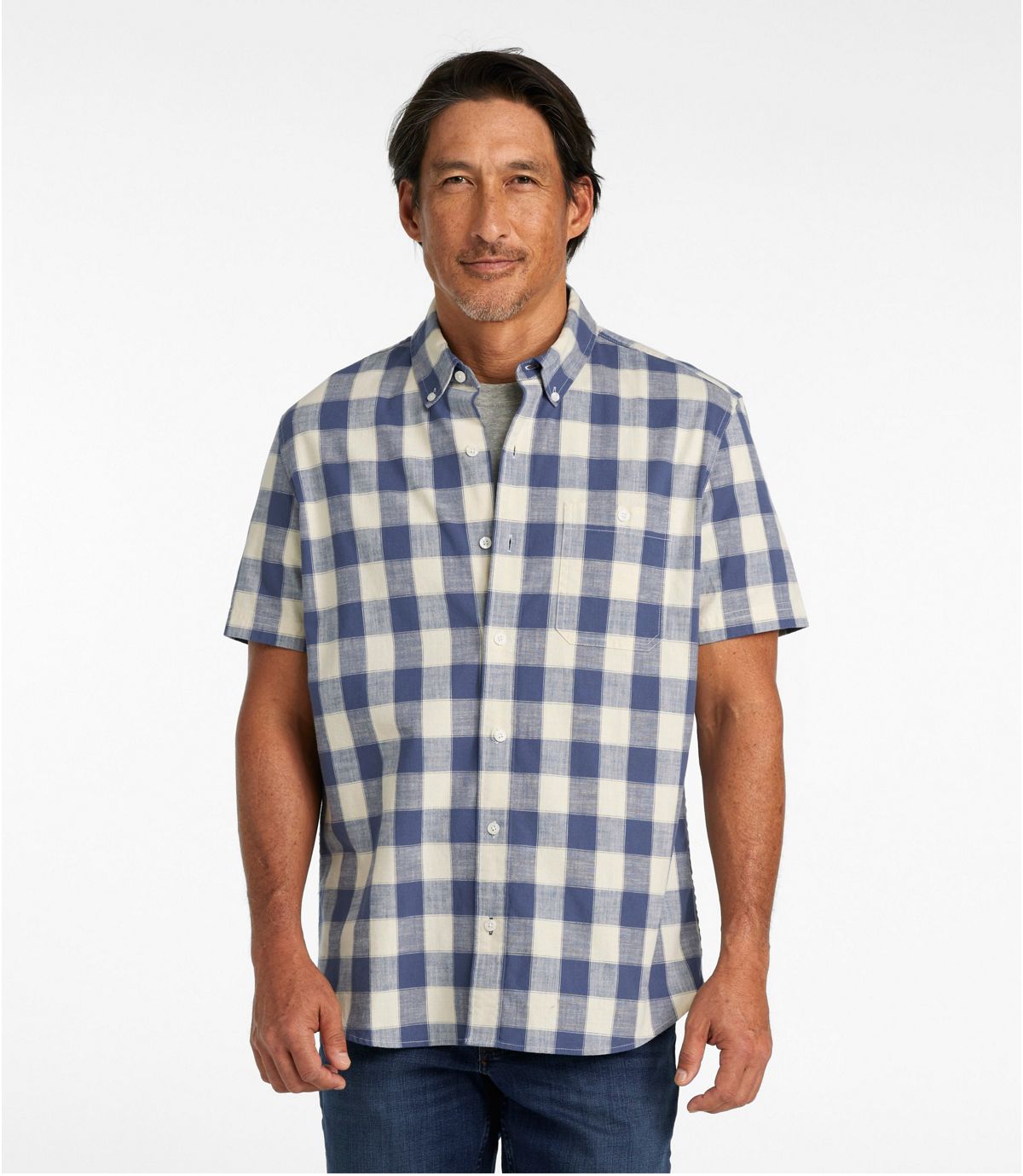 Men's Comfort Stretch® Chambray Shirt, Slightly Fitted Untucked Fit, Short-Sleeve, Plaid - US 5469