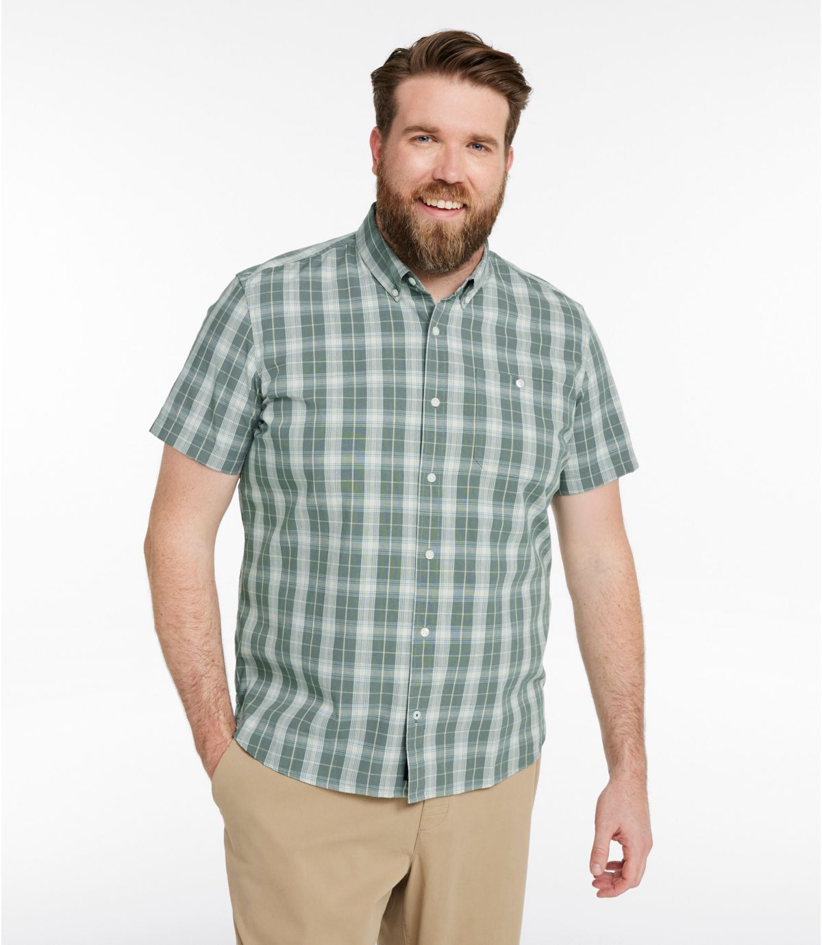 Men's Comfort Stretch® Chambray Shirt, Slightly Fitted Untucked Fit, Short-Sleeve, Plaid - US 5469