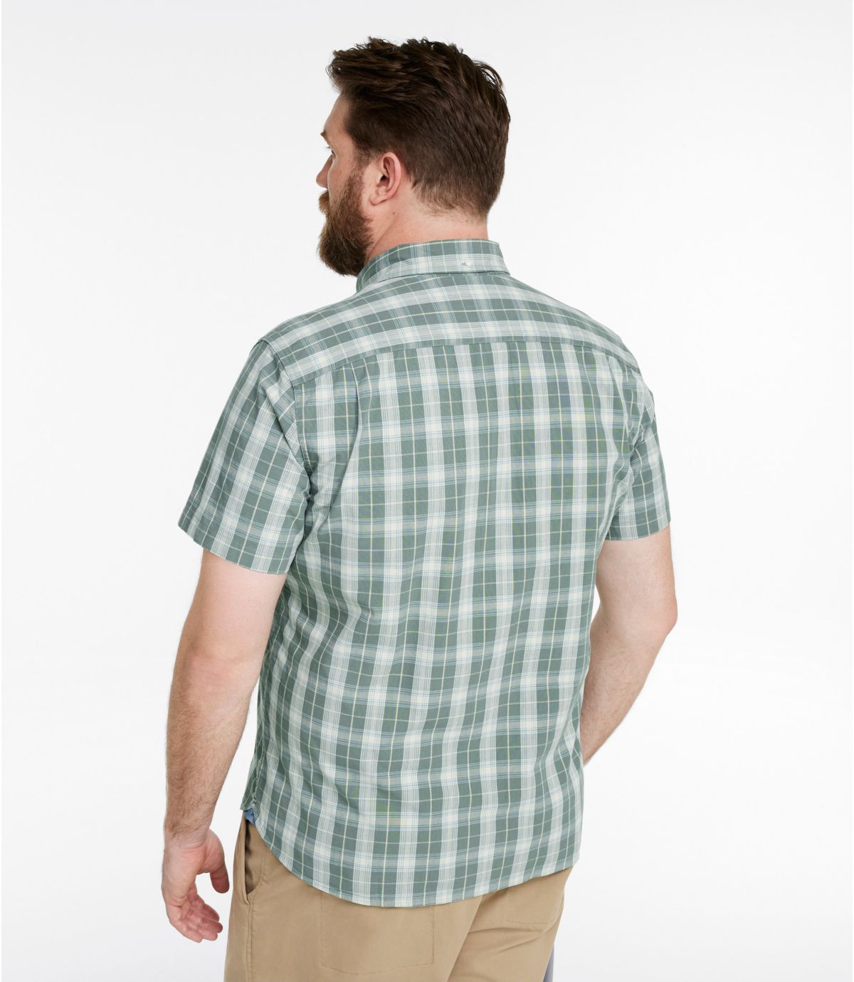 Men's Comfort Stretch® Chambray Shirt, Slightly Fitted Untucked Fit, Short-Sleeve, Plaid - US 5469