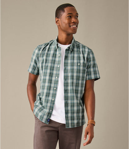 Men's Comfort Stretch® Chambray Shirt, Slightly Fitted Untucked Fit, Short-Sleeve, Plaid - US 5469