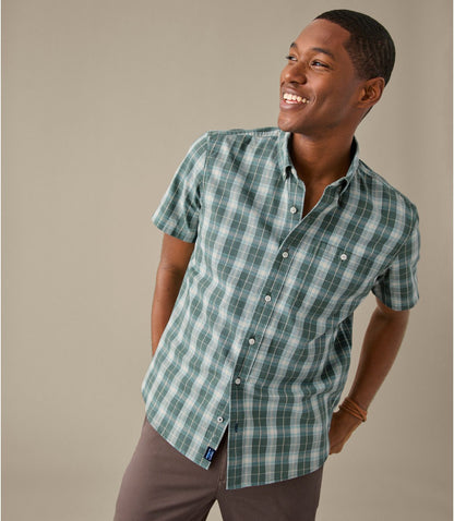 Men's Comfort Stretch® Chambray Shirt, Slightly Fitted Untucked Fit, Short-Sleeve, Plaid - US 5469