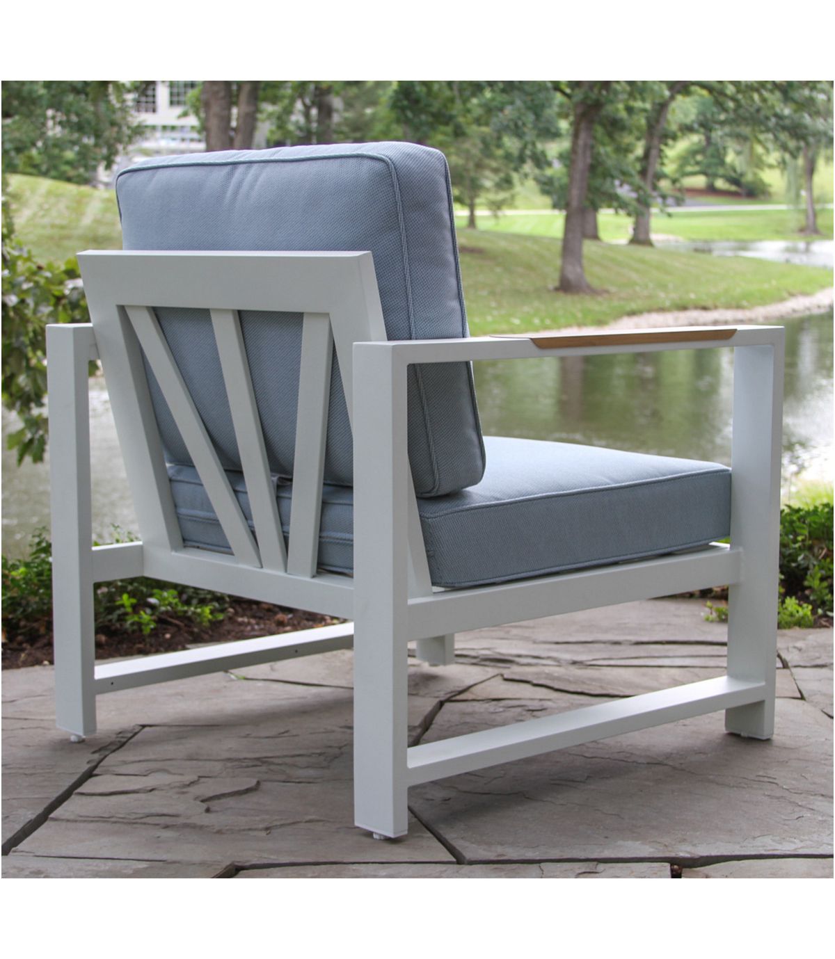 White Aluminum Deep Seating Armchair with Blue Cushions, Set of Two - US 3203
