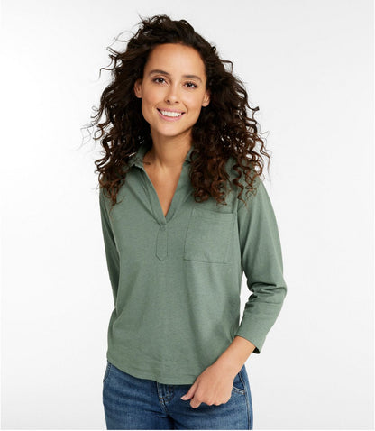 Women's Lakeside Linen/Cotton Tee, Three-Quarter-Sleeve Splitneck Polo - US 5678