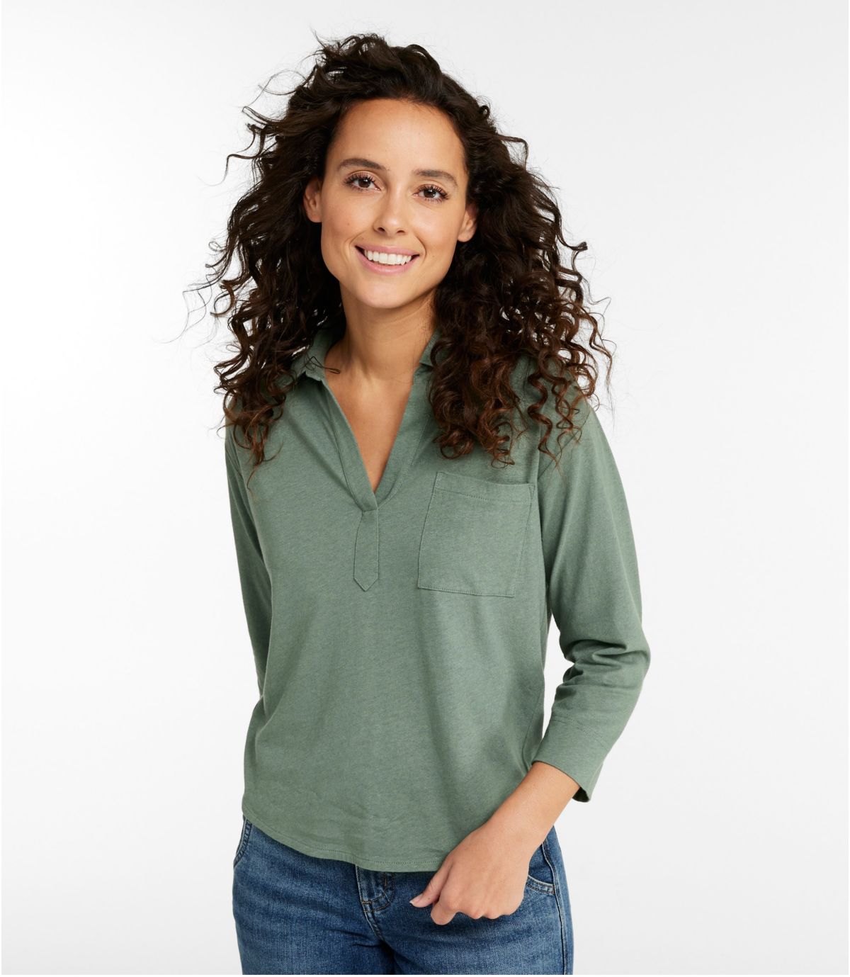 Women's Lakeside Linen/Cotton Tee, Three-Quarter-Sleeve Splitneck Polo - US 5678
