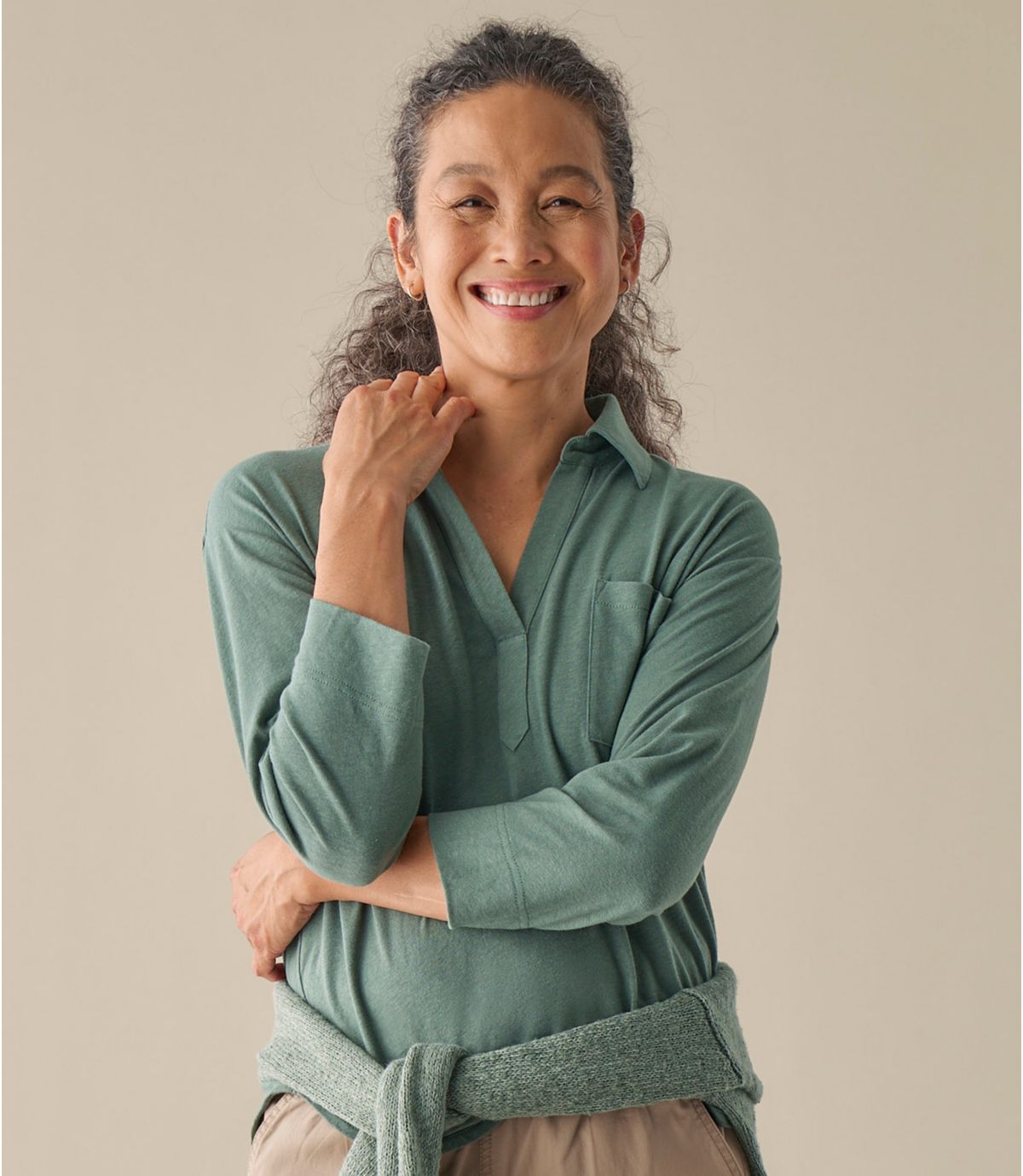 Women's Lakeside Linen/Cotton Tee, Three-Quarter-Sleeve Splitneck Polo - US 5678