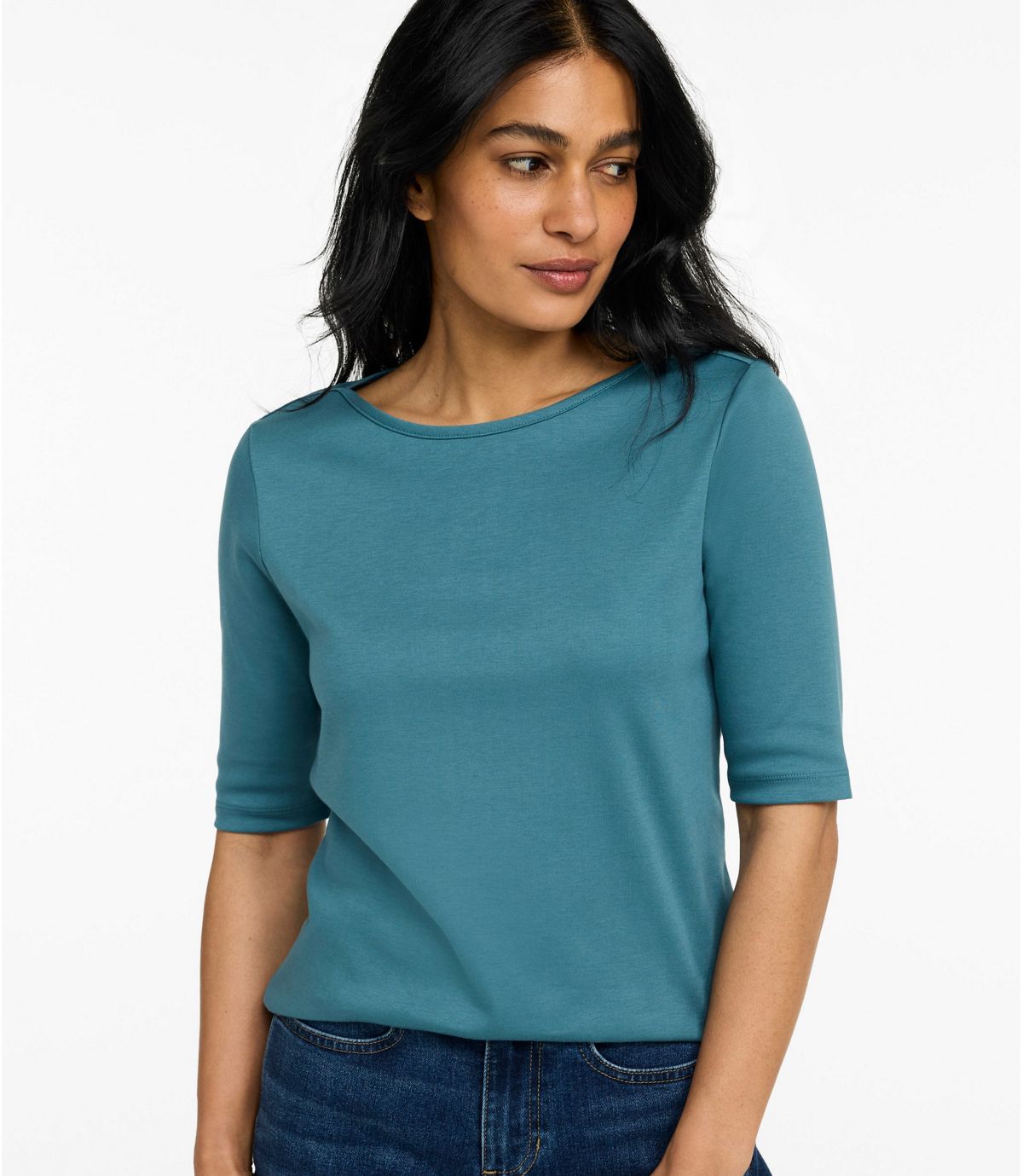 Women's Pima Cotton Tee, Elbow-Sleeve Boatneck - US 9695