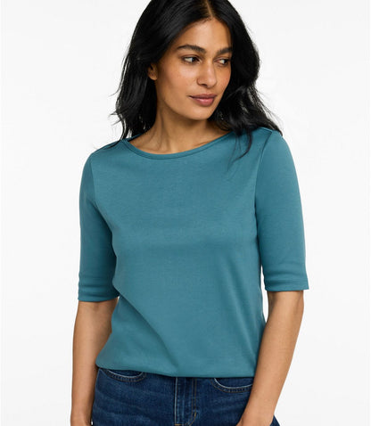 Women's Pima Cotton Tee, Elbow-Sleeve Boatneck - US 9695