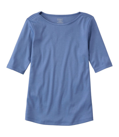 Women's Pima Cotton Tee, Elbow-Sleeve Boatneck - US 9695