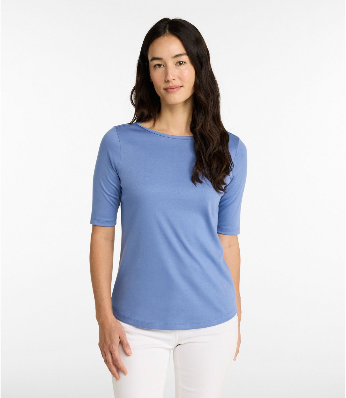 Women's Pima Cotton Tee, Elbow-Sleeve Boatneck - US 9695