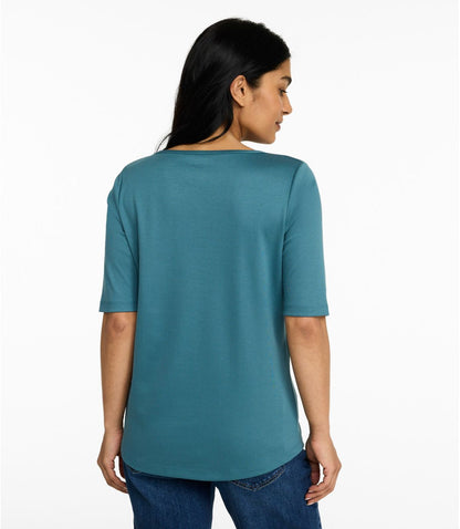 Women's Pima Cotton Tee, Elbow-Sleeve Boatneck - US 9695