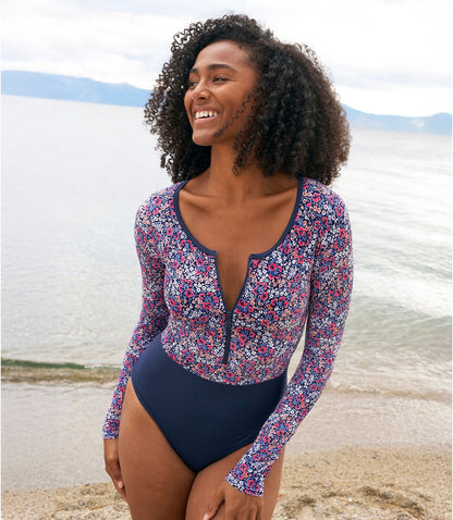 Women's Coastal Essentials Swimwear, Long-Sleeve Tanksuit Print - US 2053