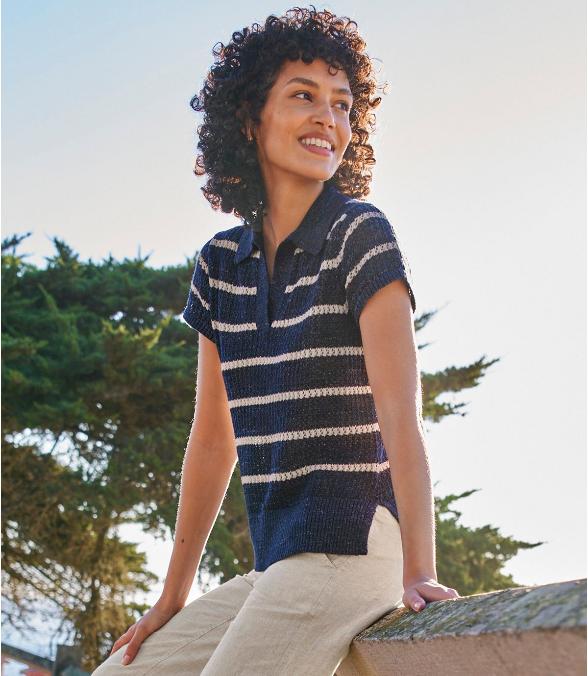 Women's Organic Cotton Slub Pointelle Sweater, Polo - US 6790