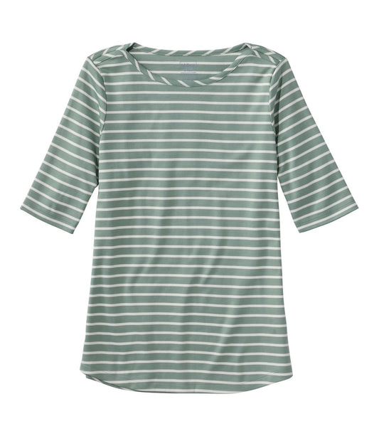 Women's Pima Cotton Tee, Elbow-Sleeve Boatneck Stripe - US 7439