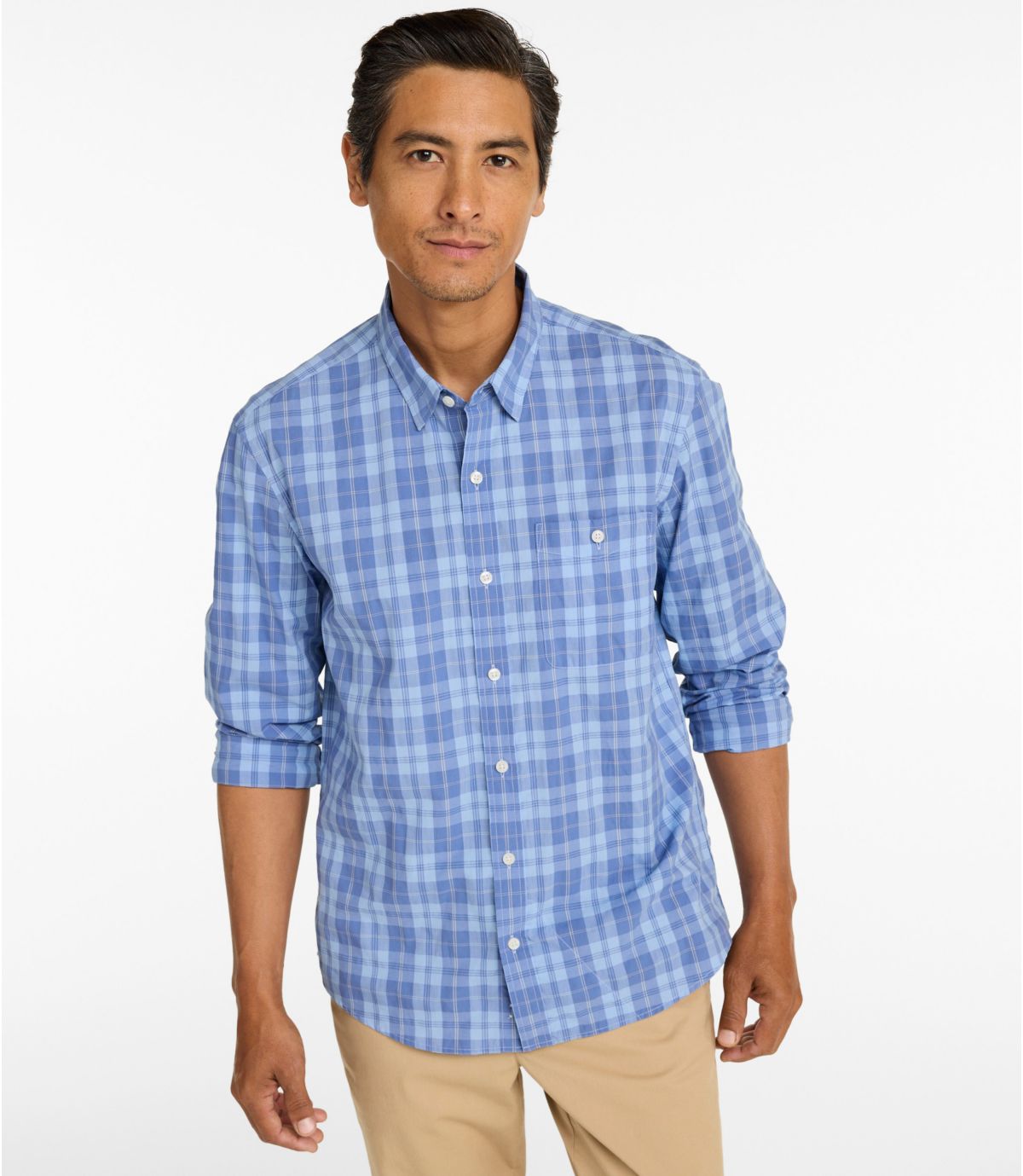 Men's Comfort Stretch Performance® Chambray Shirt, Long-Sleeve, Slightly Fitted Untucked Fit, Plaid - US 4128