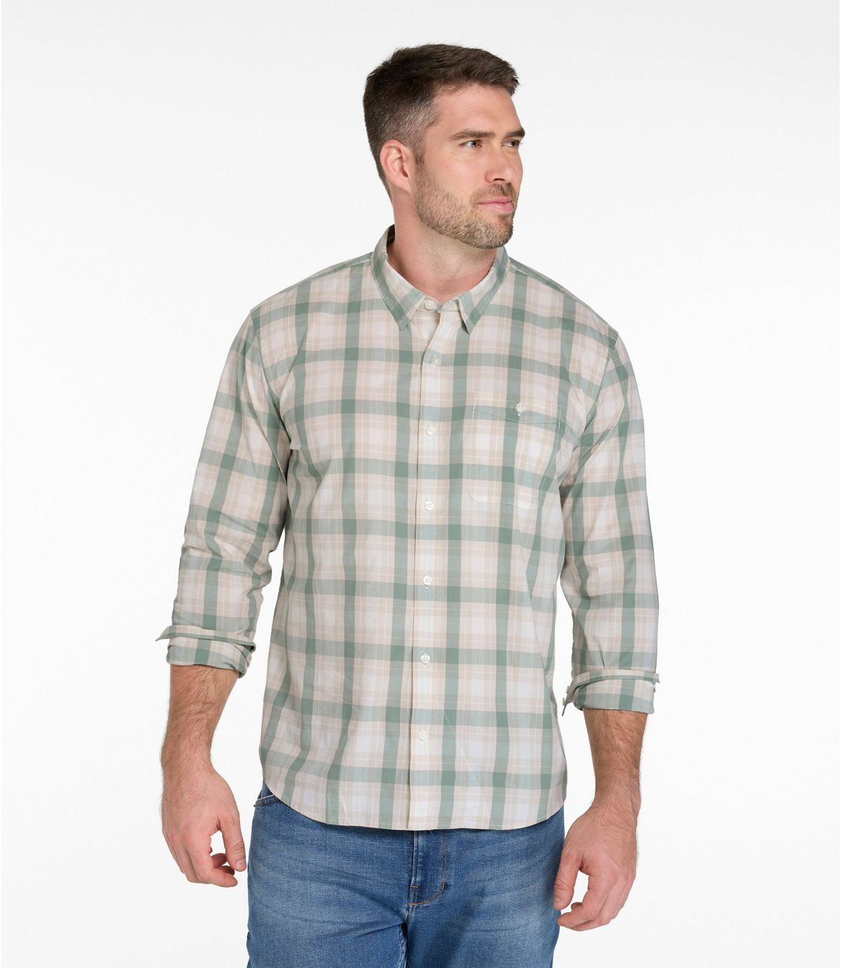 Men's Comfort Stretch Performance® Chambray Shirt, Long-Sleeve, Slightly Fitted Untucked Fit, Plaid - US 4128