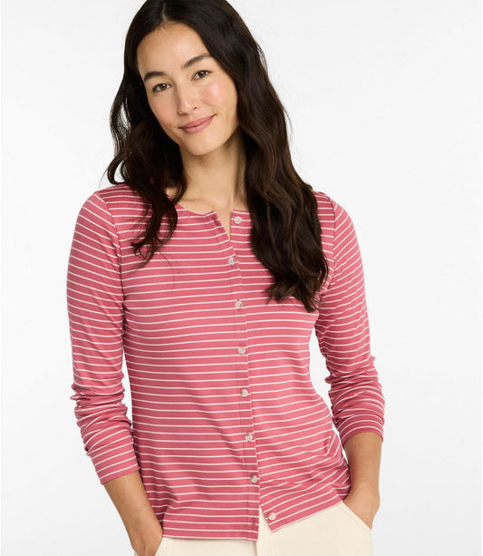 Women's Pima Cotton Tee, Long-Sleeve Crewneck Cardigan Stripe - US 9781