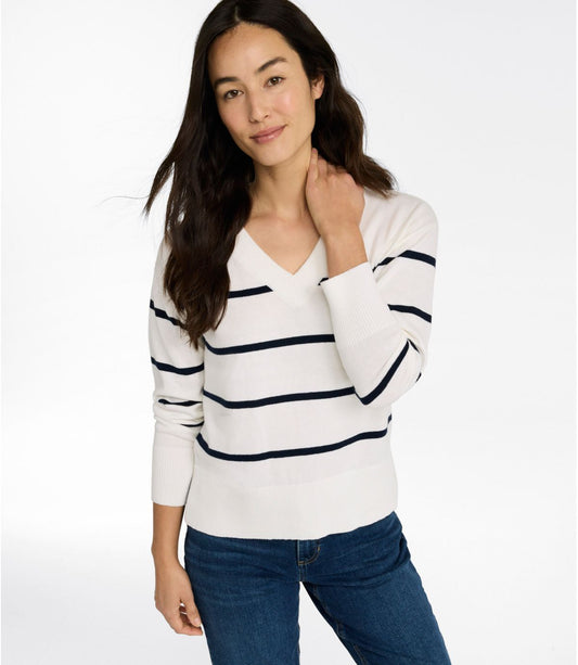 Women's Cotton/Cashmere Sweater, V-Neck Stripe - US 6116