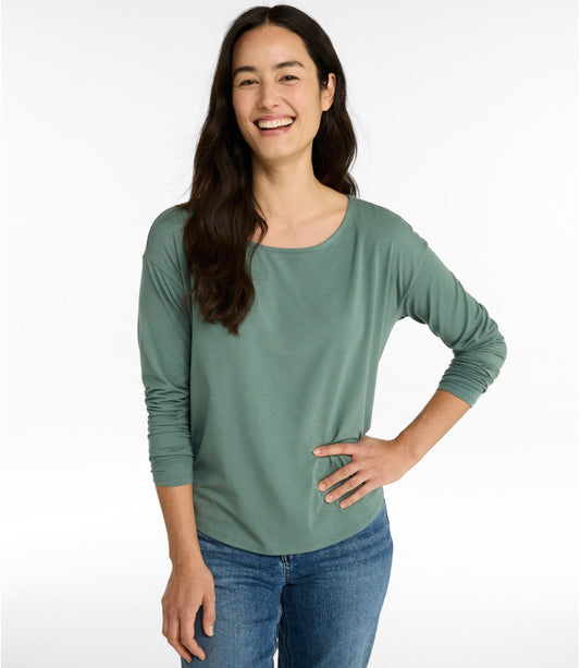 Women's Soft Stretch Supima-Blend Tee, Long Dolman-Sleeve Jewelneck - US 4092