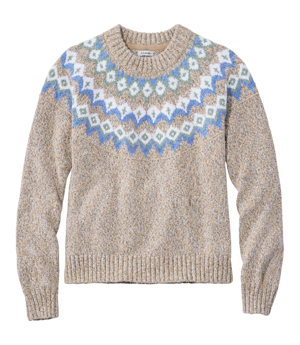 Women's Cotton Ragg Sweater, Relaxed Crewneck Fair Isle Yoke - US 6608