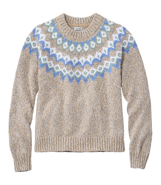 Women's Cotton Ragg Sweater, Relaxed Crewneck Fair Isle Yoke - US 6608