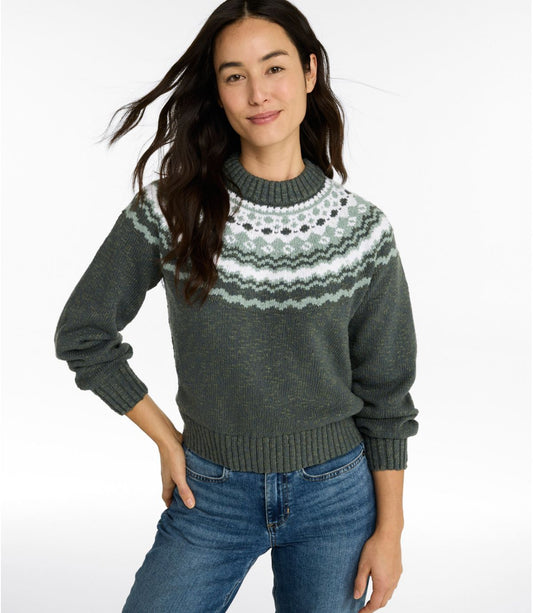 Women's Cotton Ragg Sweater, Relaxed Crewneck Fair Isle Yoke - US 6608