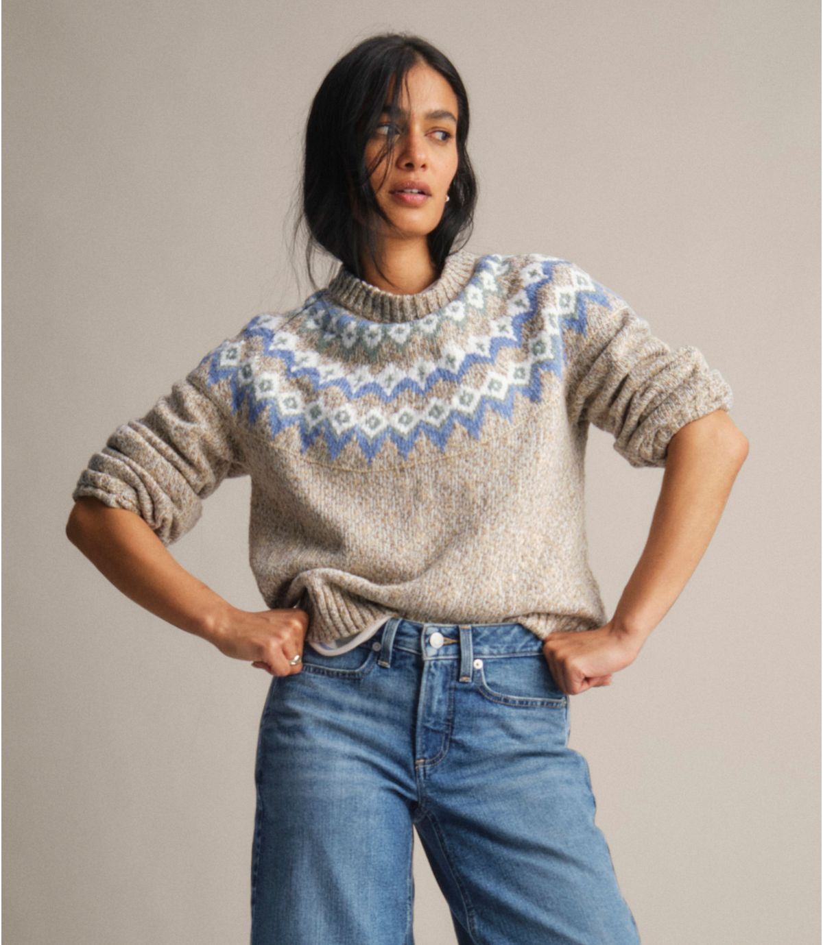 Women's Cotton Ragg Sweater, Relaxed Crewneck Fair Isle Yoke - US 6608