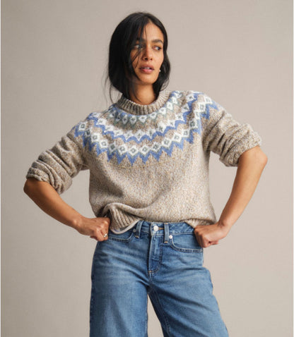 Women's Cotton Ragg Sweater, Relaxed Crewneck Fair Isle Yoke - US 6608
