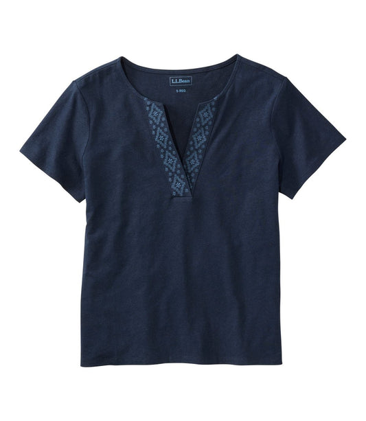 Women's Lakeside Linen/Cotton Tee, Short-Sleeve Embroidered Splitneck - US 6490