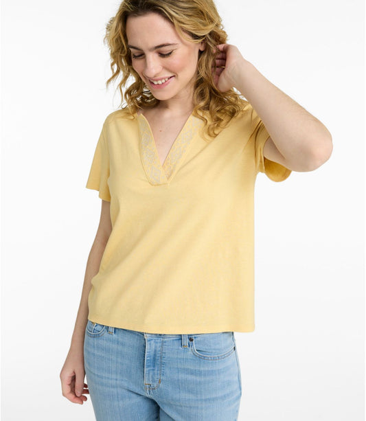 Women's Lakeside Linen/Cotton Tee, Short-Sleeve Embroidered Splitneck - US 6490