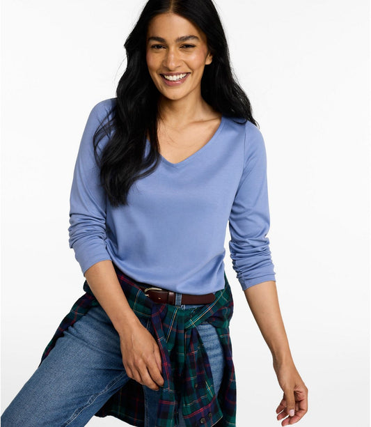 Women's Pima Cotton Tee, Long-Sleeve Open V-Neck - US 3664