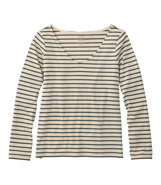 Women's Pima Cotton Tee, Long-Sleeve Open V-Neck Stripe - US 9502