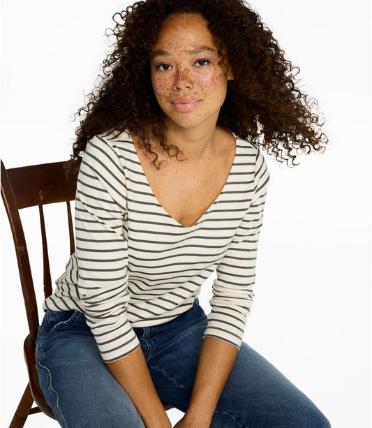 Women's Pima Cotton Tee, Long-Sleeve Open V-Neck Stripe - US 9502